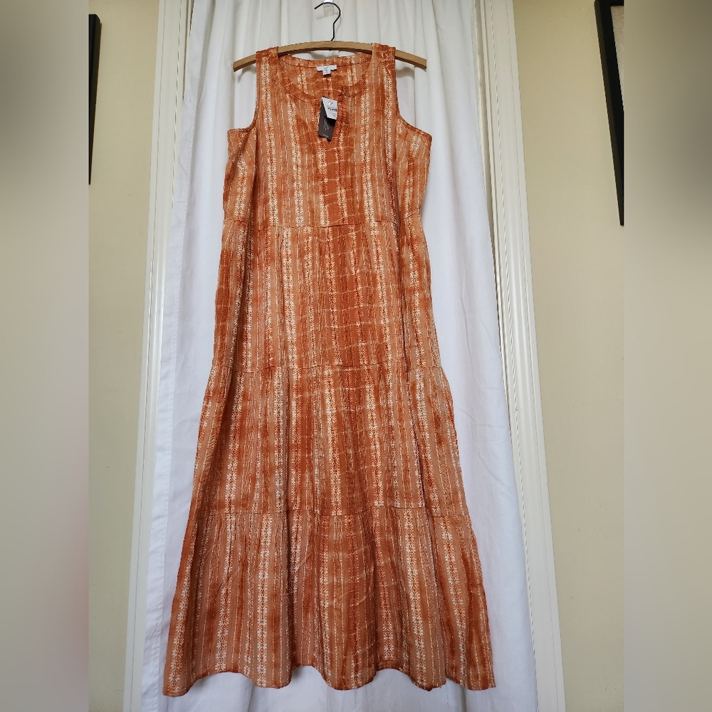 J Jill Orange Tie Dye Tiered Sleveless Maxi Dress with small flowers